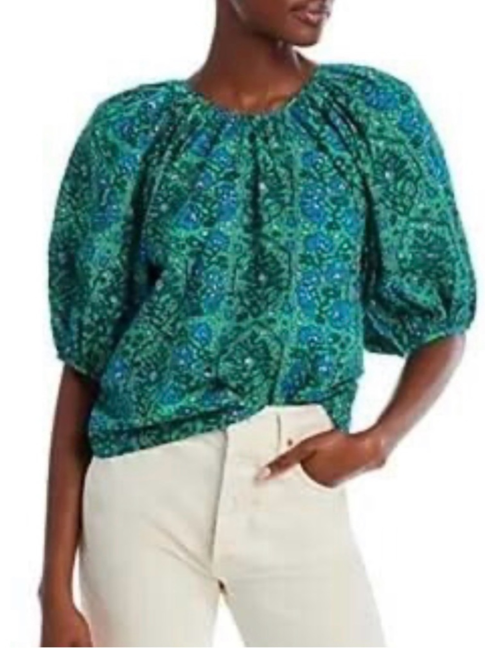 RHODE Green Blue Floral Balloon Sleeve Blouse Boho Resort Top Small